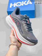 Angled side view of a gray HOKA Bondi 9 shoe showing its white sole and red accent stripe