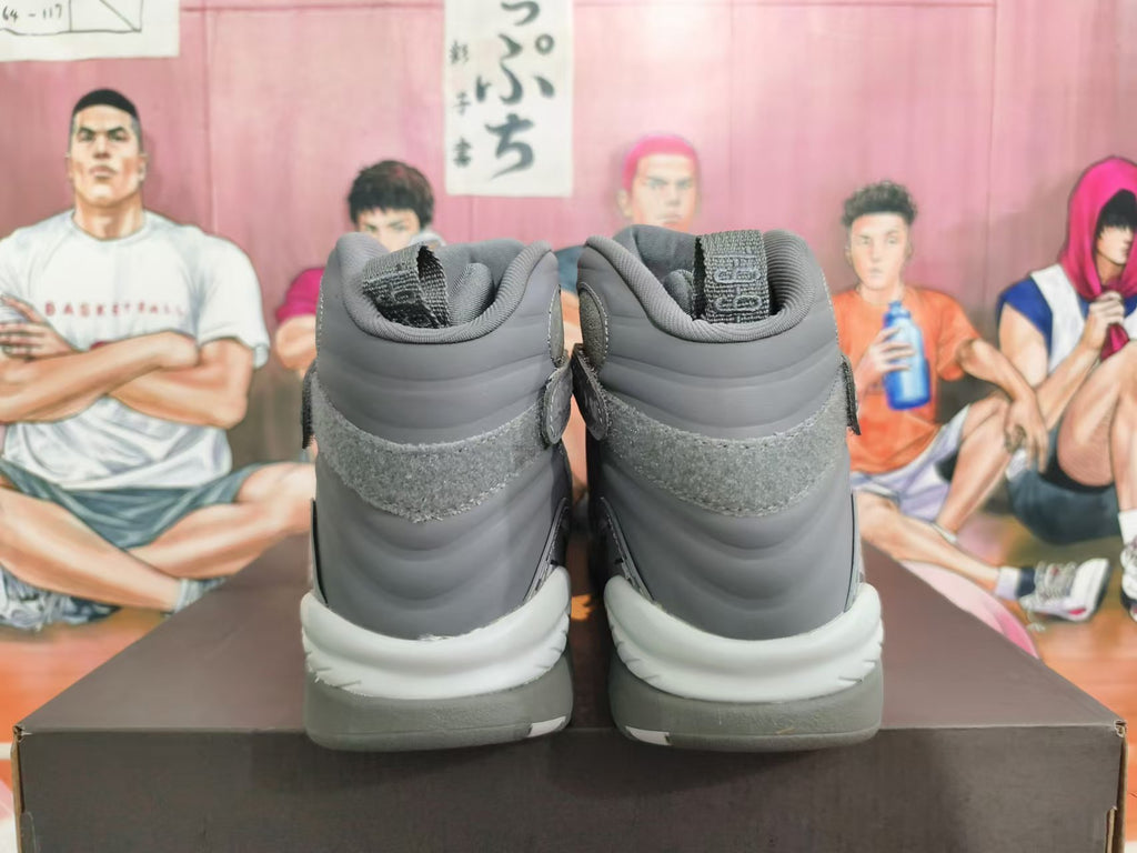 Rear view of grey Jordan high-top sneakers showing padded collars and layered heel details.