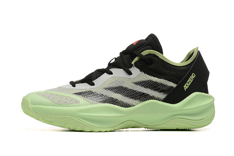 Side view of a pale gray Adidas Adizero shoe with a light green sole