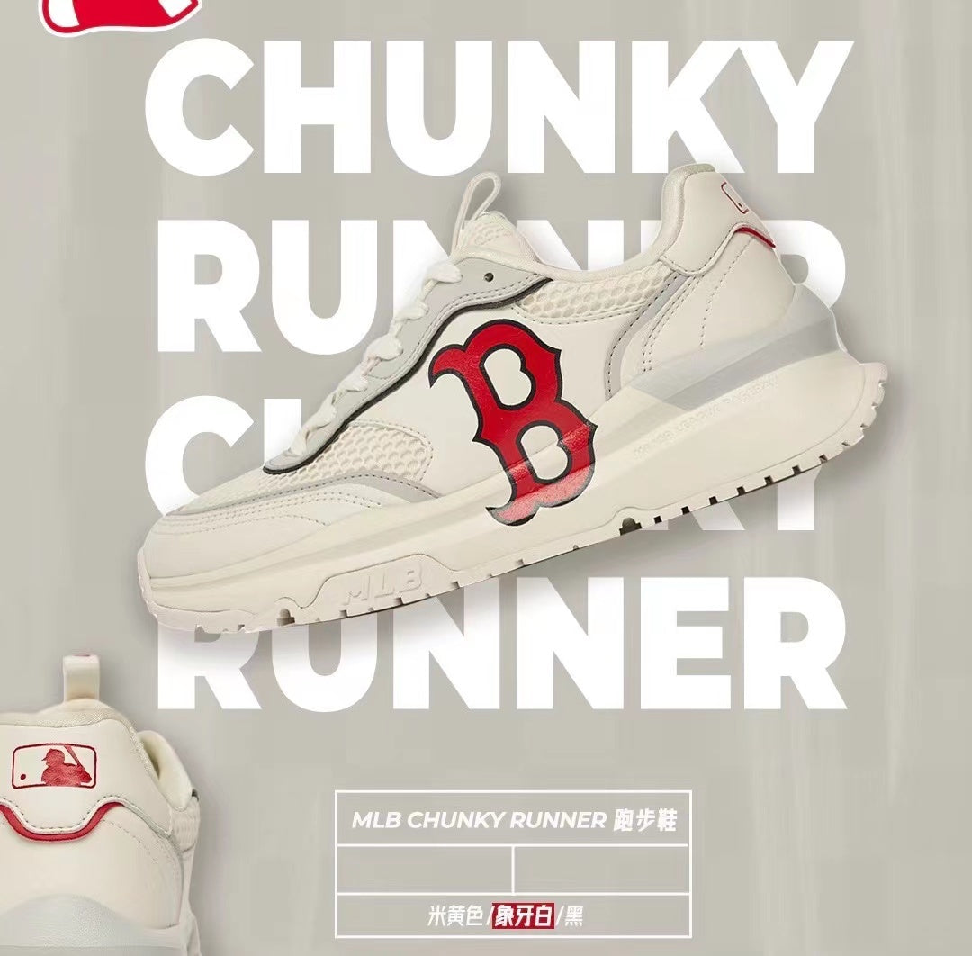MLB Chunky Runner sneaker in ivory white with black detailing and a red letter emblem, shown from the side.
