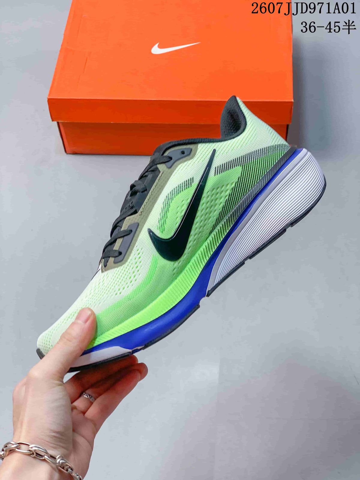 Side view of a Nike Pegasus 42 running shoe with a dark Swoosh and blue outsole accent