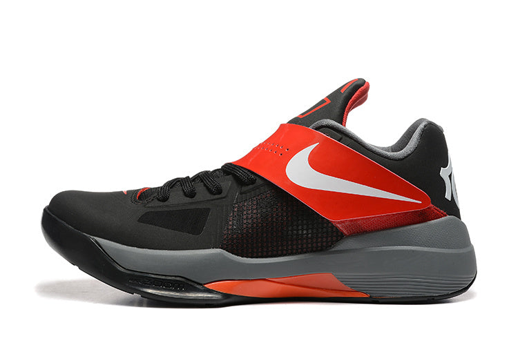 Side view of a black and red Nike KD 4 shoe with a white side logo.