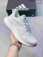 Angled view of a white adidas AlphaBounce Beyond sneaker