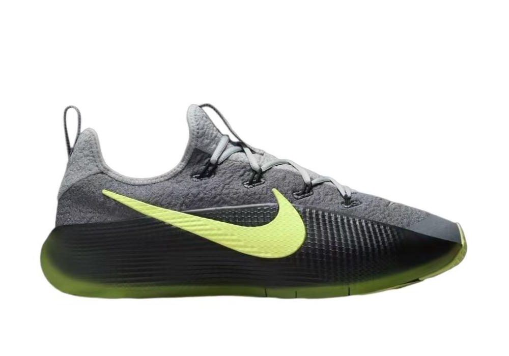 Gray and black Nike LeBron TR1 shoe with a bright yellow-green Swoosh