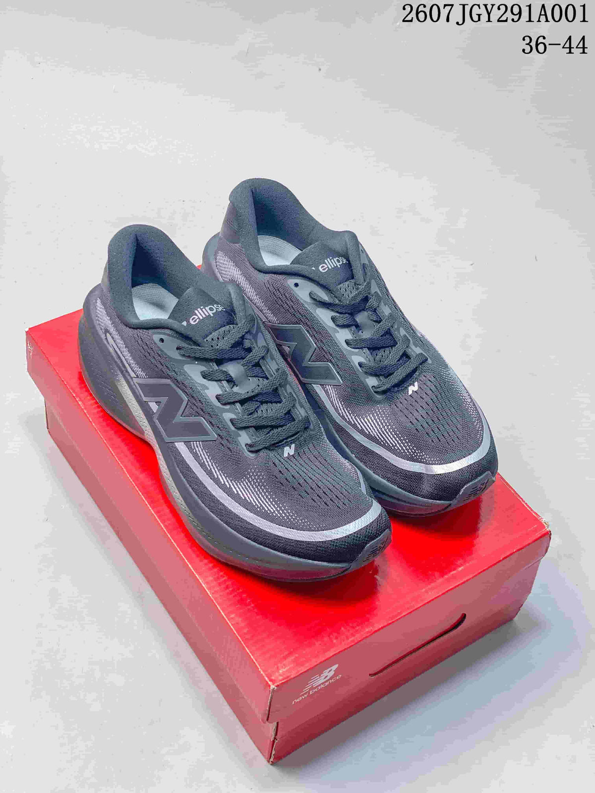 Pair of dark gray New Balance running shoes on a red box; image also displays a size range.