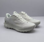 Pair of all-white Alo sneakers shown from a front three-quarter angle.