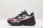 Single sneaker in side profile showing the rounded toe, lace-up construction, layered side graphics, and rugged outsole.