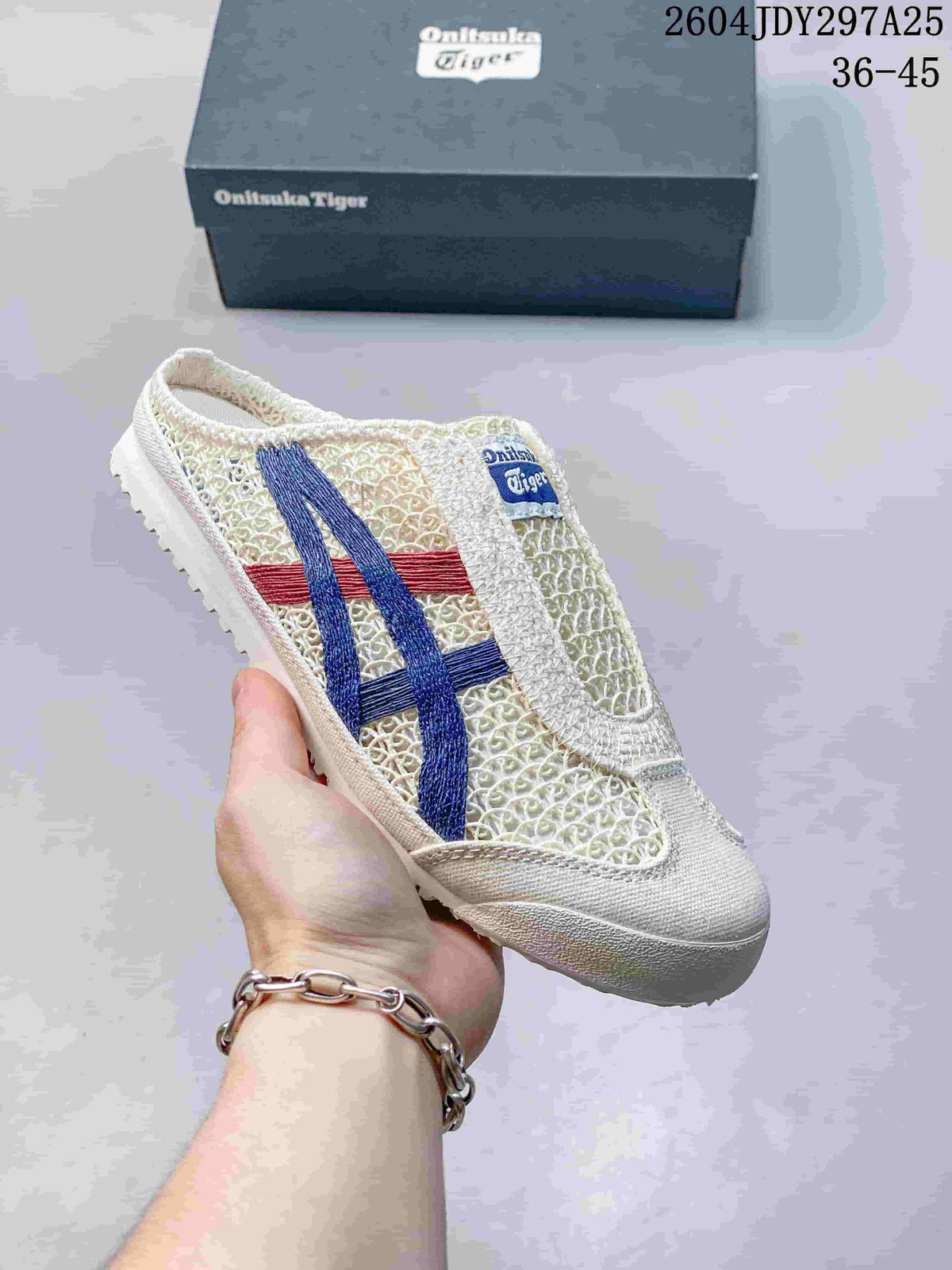 Cream Onitsuka Tiger Mexico 66 Sabot slip-on sneaker with blue and red contrasting stripes.