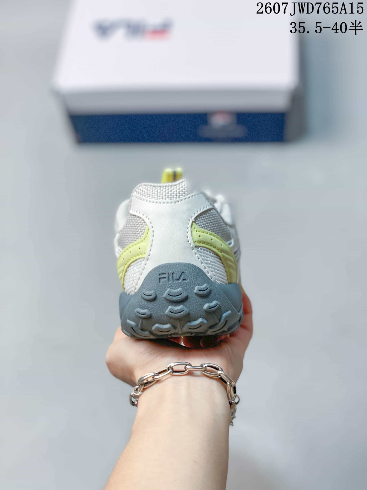 Rear view showing the heel branding, white upper and lime-green accents