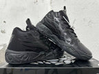 Pair of black high-top basketball shoes shown at an angle, highlighting the tonal design and sculpted outsole.