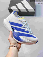 White adidas Adizero Prime X3 shoe with blue stripes and a blue sole accent.