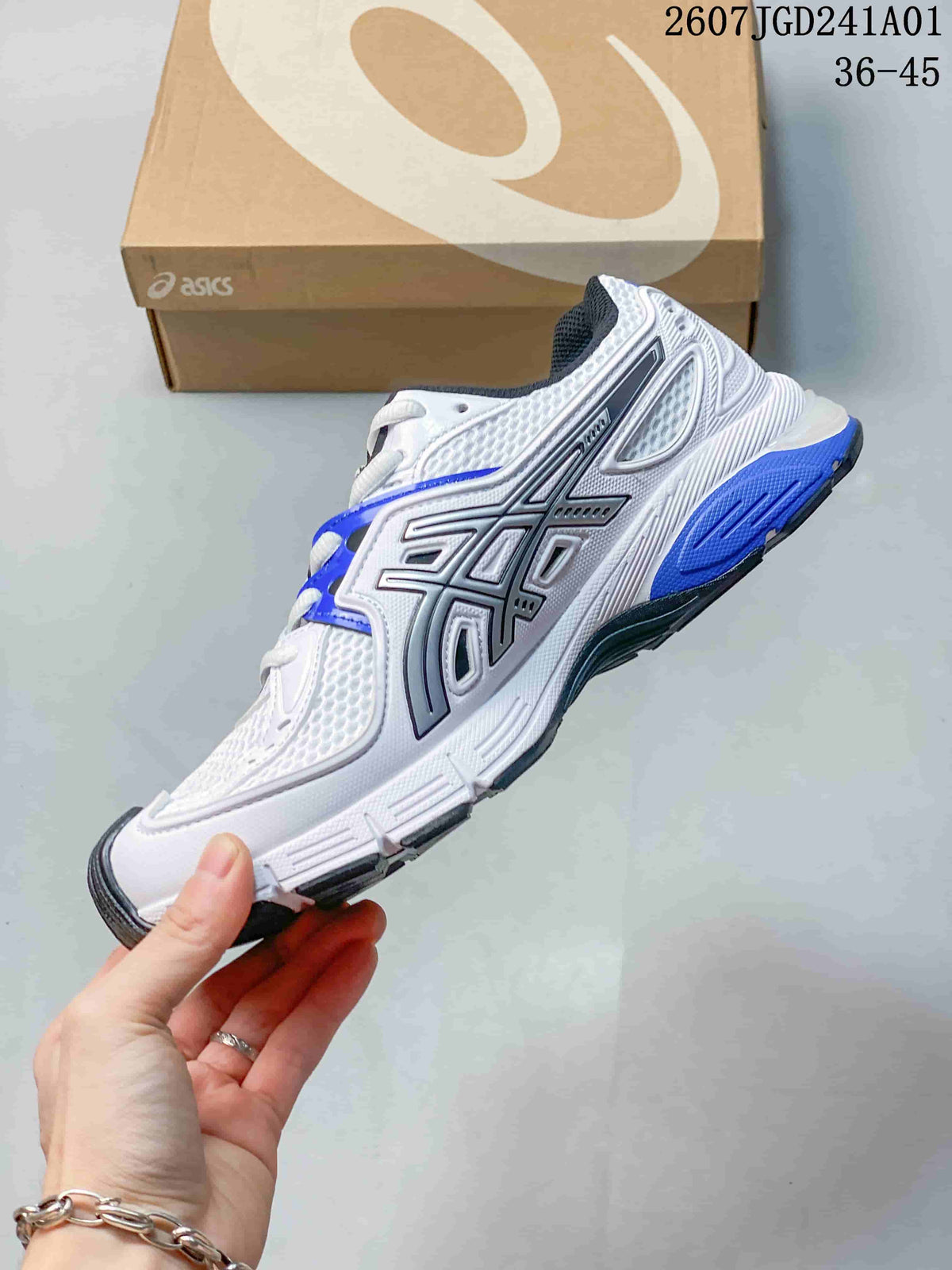Side profile showing the white and blue ASICS sneaker design