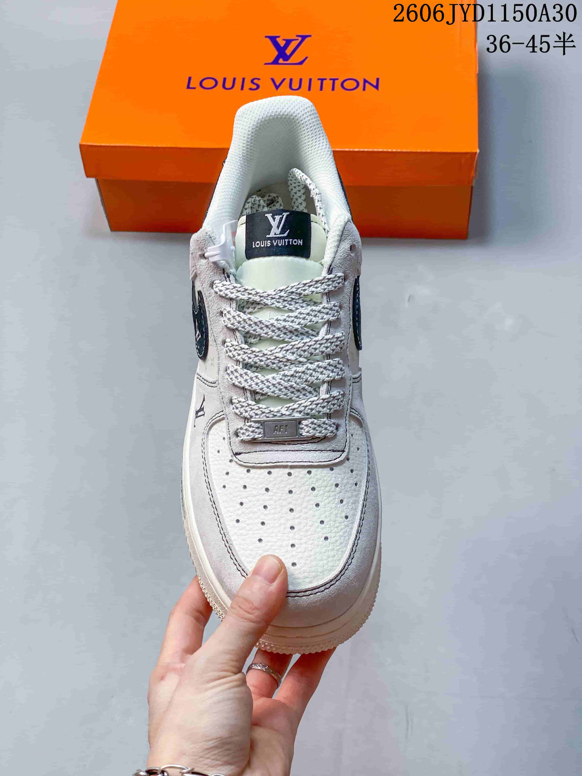 Front view showing the perforated toe and patterned laces