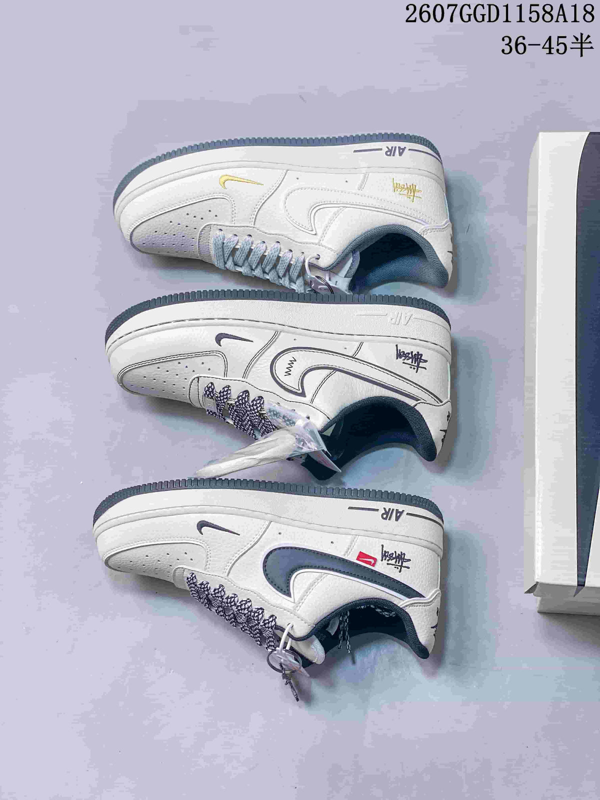 Three side-profile views of white low-top sneakers showing contrasting swooshes, Air branding, decorative side details, and dark outsoles.