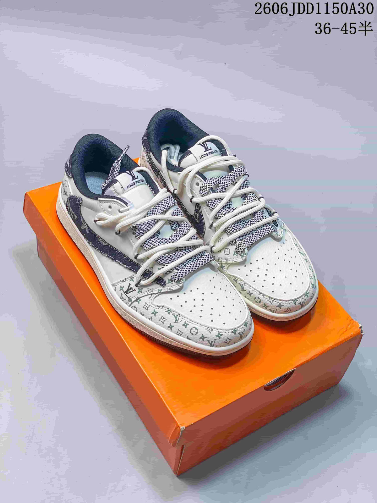 Pair of patterned white low-top sneakers shown from above at an angle.