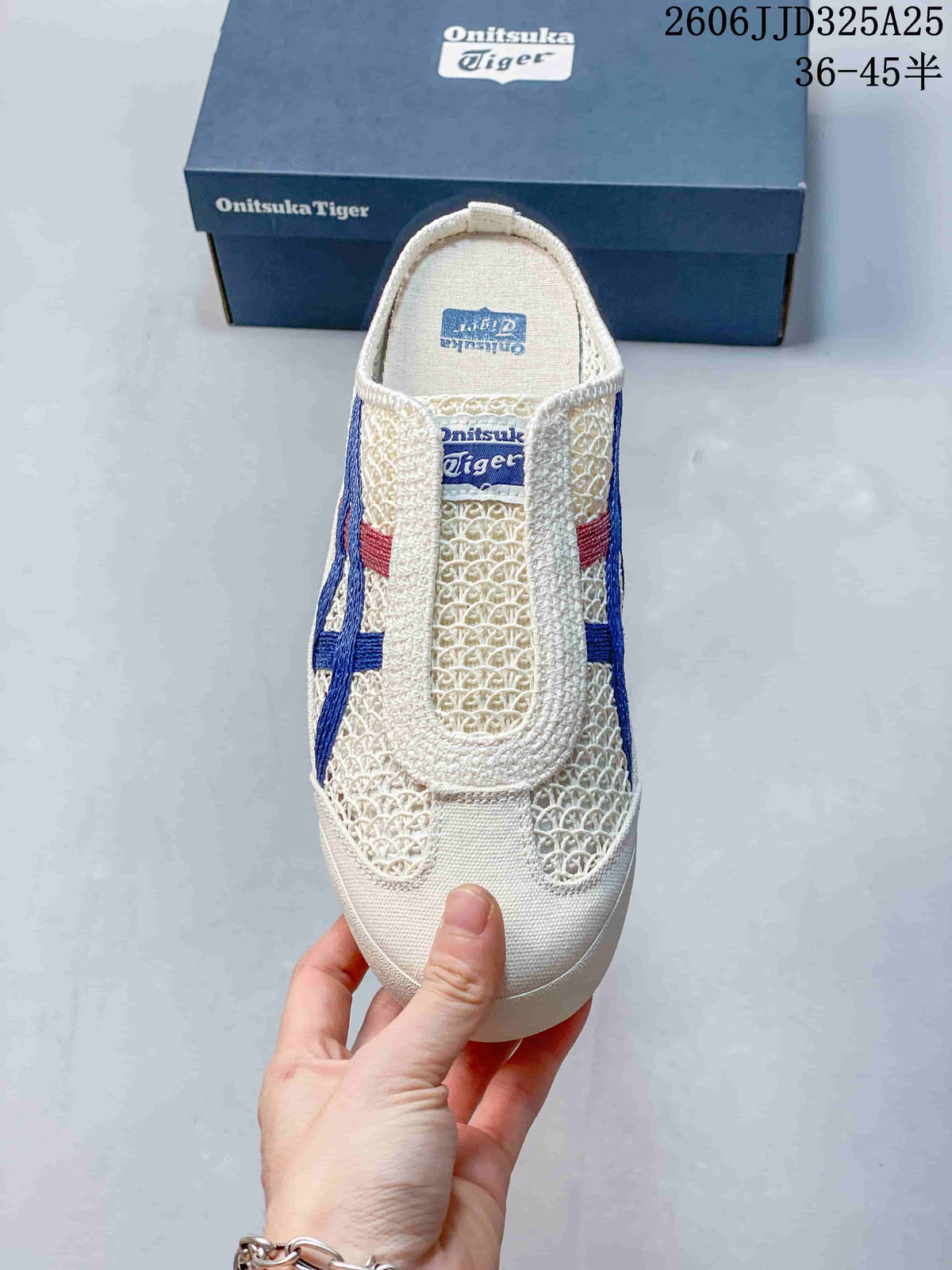 Top view of the cream sabot sneaker showing the covered toe, open-pattern upper, and tongue branding.