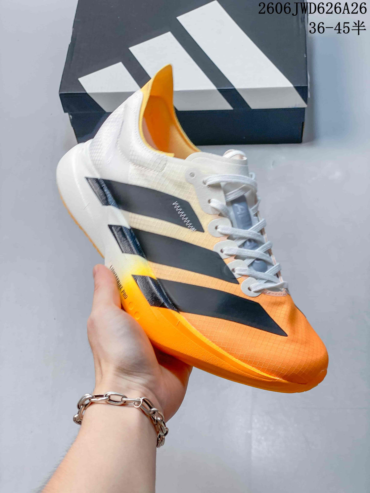 Orange running shoe with black accents and a white heel, shown in profile.