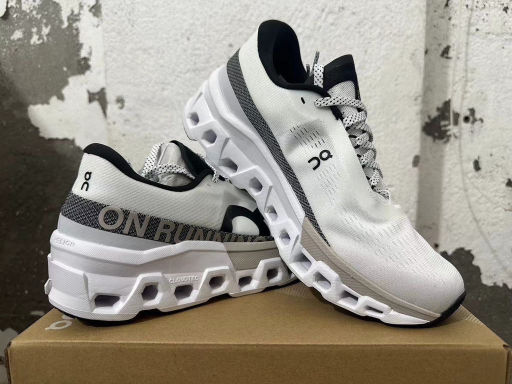 Angled view of white On Running sneakers with textured uppers and chunky soles