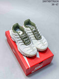 Pair of white and green Nike Air Max Plus sneakers displayed on a red shoebox; style code 2607ND776A16 and size range 36–47 are visible.