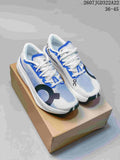 Pair of white, blue and black On running shoes displayed on a cardboard box; overlay shows style reference 2607JGD322A22 and size range 36–45.