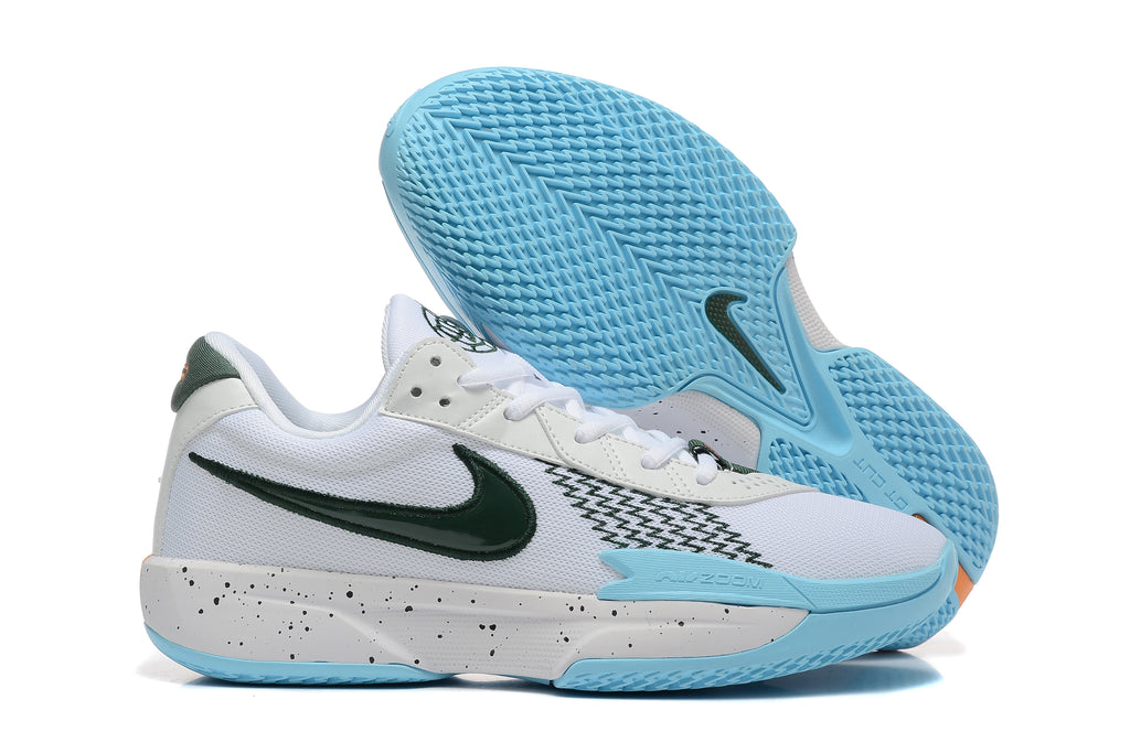 Side and outsole view showing the light blue patterned rubber tread and green Swoosh.