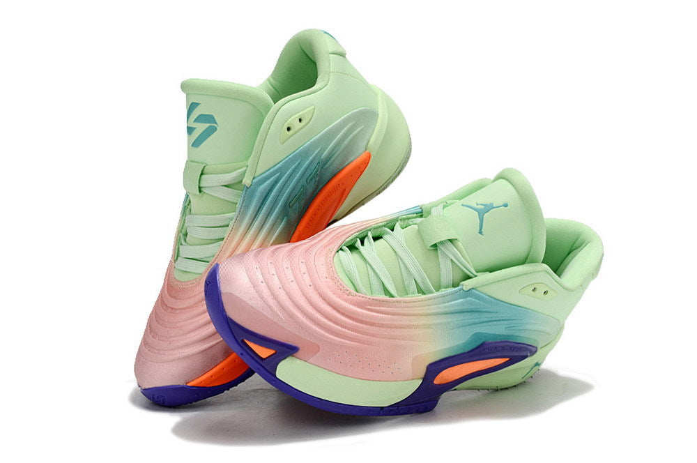 Mint green Jordan Luka 3 basketball shoes with pink, blue, orange, and purple accents