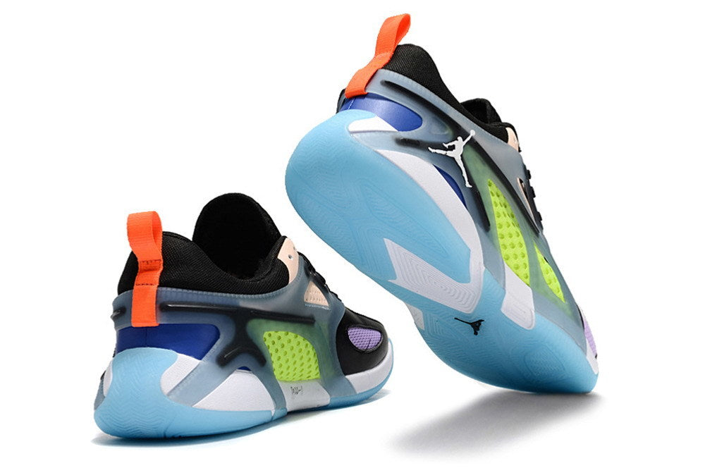 Rear and outsole views of multicolor Jordan Heir shoes