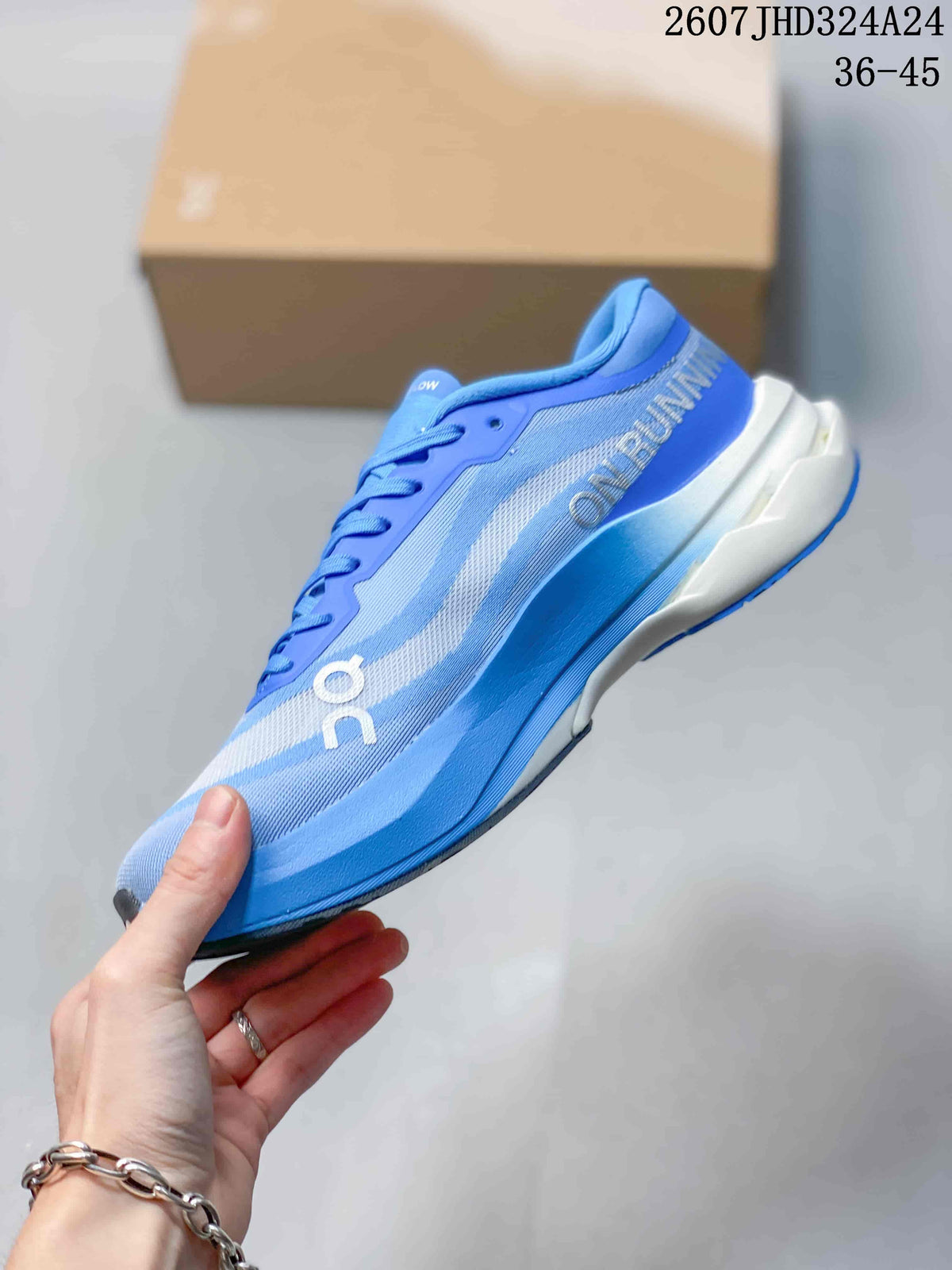 Side view of the blue On running shoe showing layered upper panels, side branding, and the sculpted white-and-blue midsole; image text shows style code 2607JHD324A24 and size range 36–45.