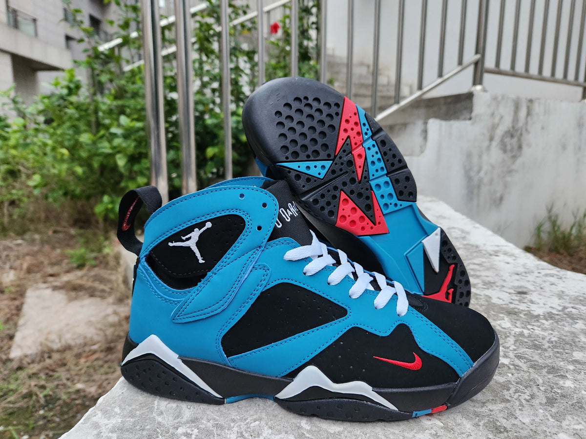 Jordan 7 High-Top Sneakers in Blue, Black and Red