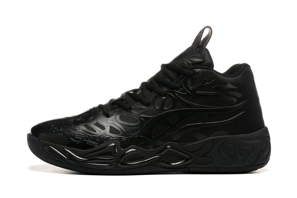 Side profile of a black PUMA LaMelo Ball MB.02 basketball shoe.