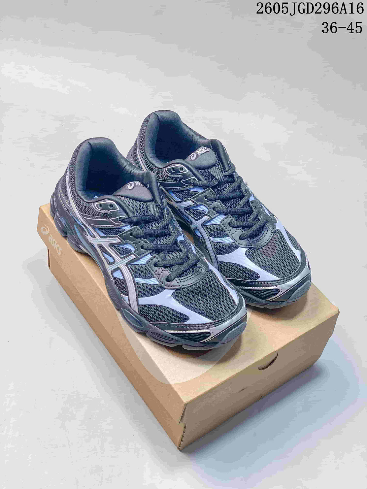 Pair of charcoal ASICS Gel-Cumulus 16 sneakers with silver overlays and blue accents, shown from above