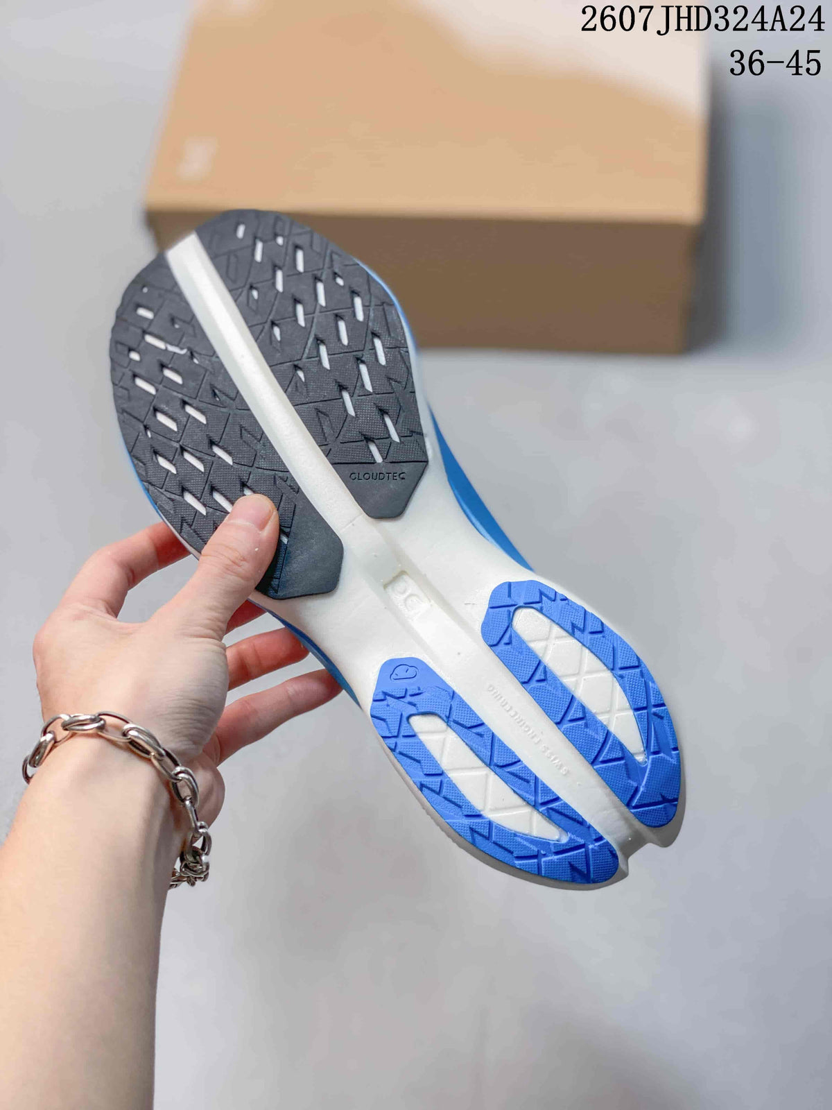 Close-up of the blue and white outsole, showing segmented tread and a visible CloudTec marking; image text shows style code 2607JHD324A24 and size range 36–45.