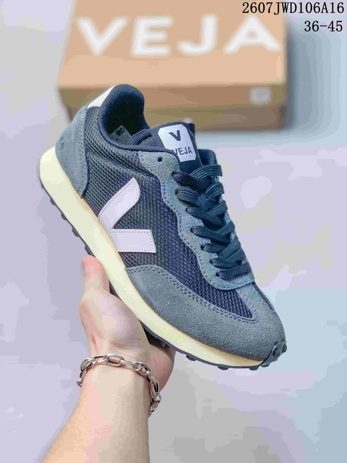 Dark gray VEJA Rio Branco sneaker with a pale V logo and gray contrasting panels.