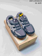 Dark navy and silver ASICS Hypersync sneakers displayed on an ASICS shoebox; image text shows style code 2607JJD546A16 and size range 36–46 with half sizes.