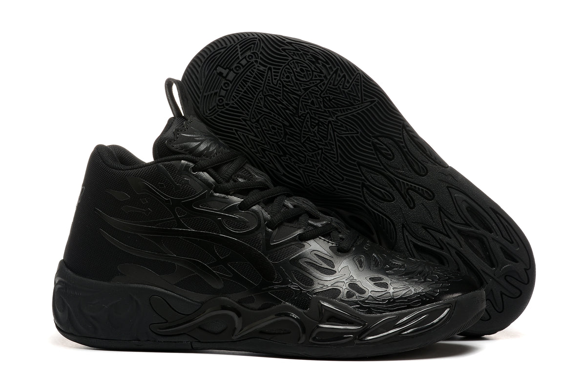 Black PUMA LaMelo Ball MB.02 shoe with the outsole raised to show its patterned tread.