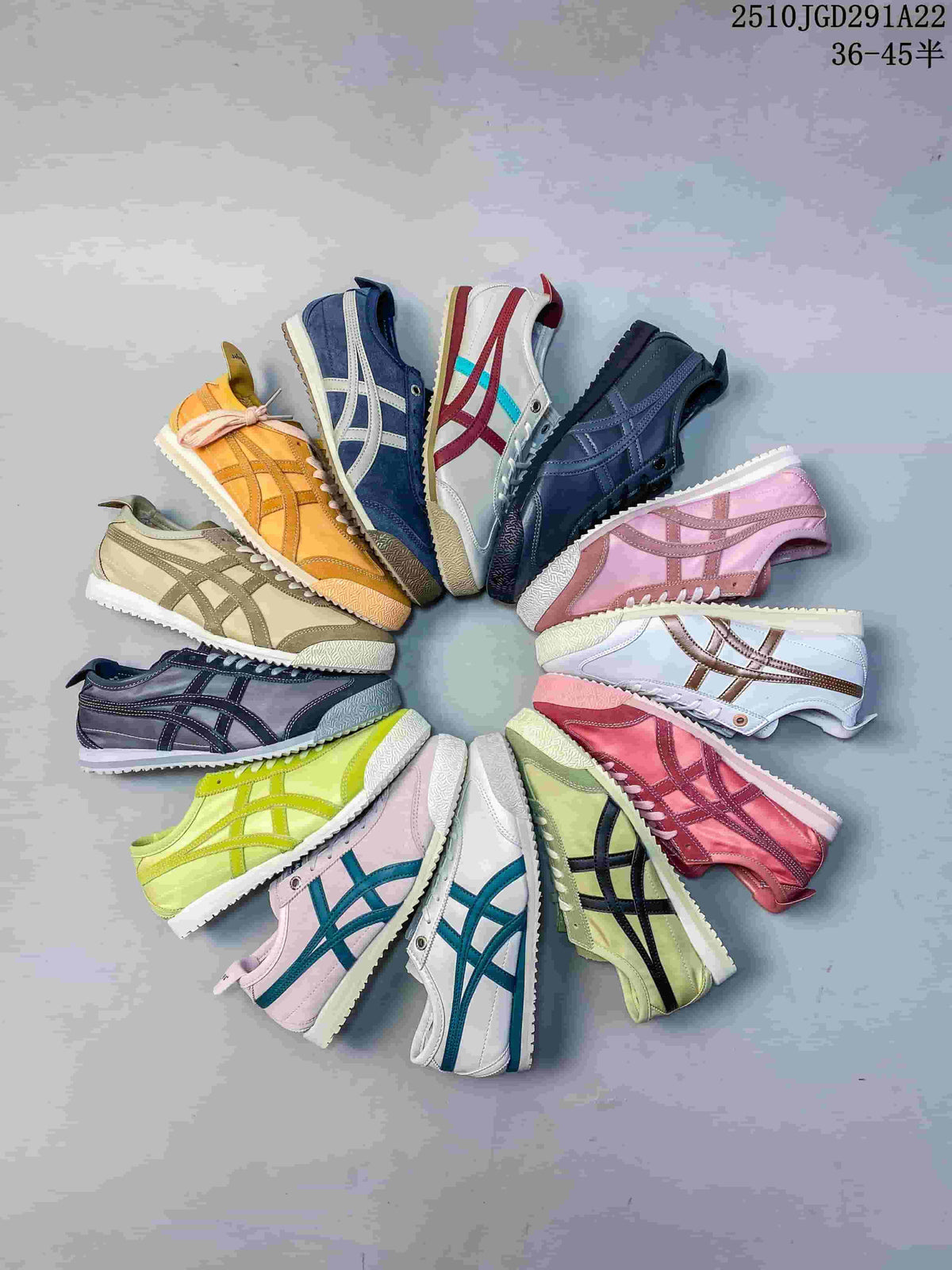 Collage showing multiple Onitsuka Tiger sneaker colorways arranged in a circle; style code 2510JGD291A22 and size range text are visible at the top right.