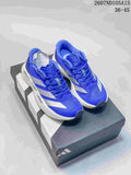 Pair of blue and white Adidas Adizero Evo SL sneakers displayed on a shoebox; image text shows style code 2607ND105A15 and size range 36–45.