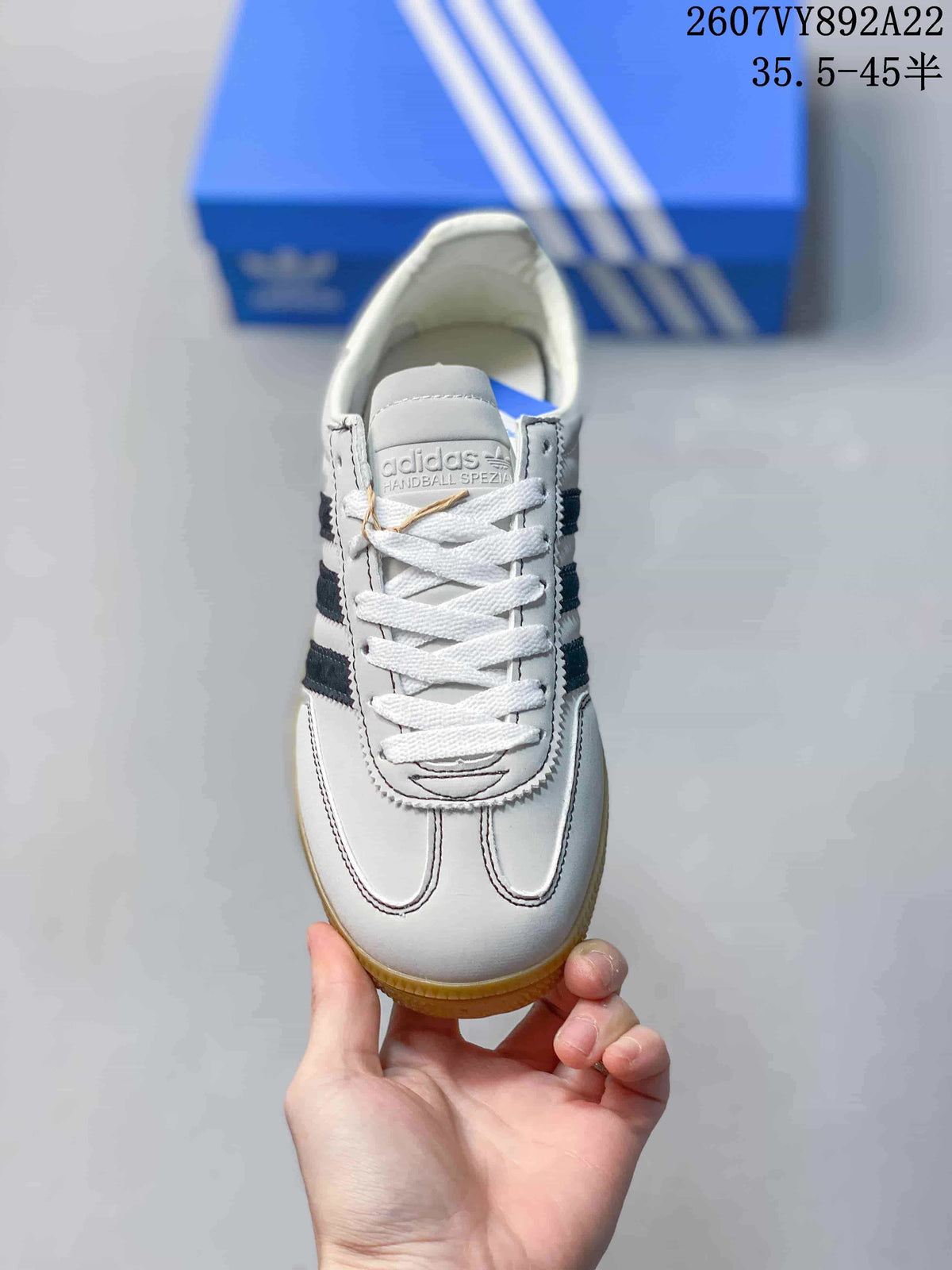 Top view of the sneaker showing white laces, stitched toe detailing and Spezial branding on the tongue.