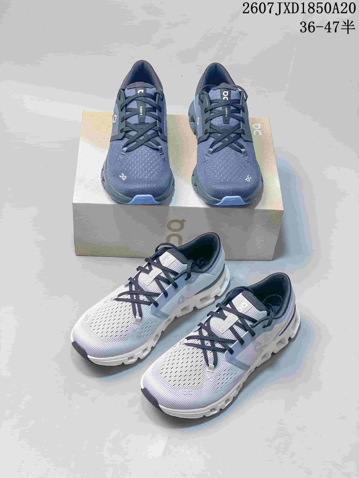 Dark gray and white On Cloud X 4 sneakers displayed together; the image also shows the product code and advertised size range.
