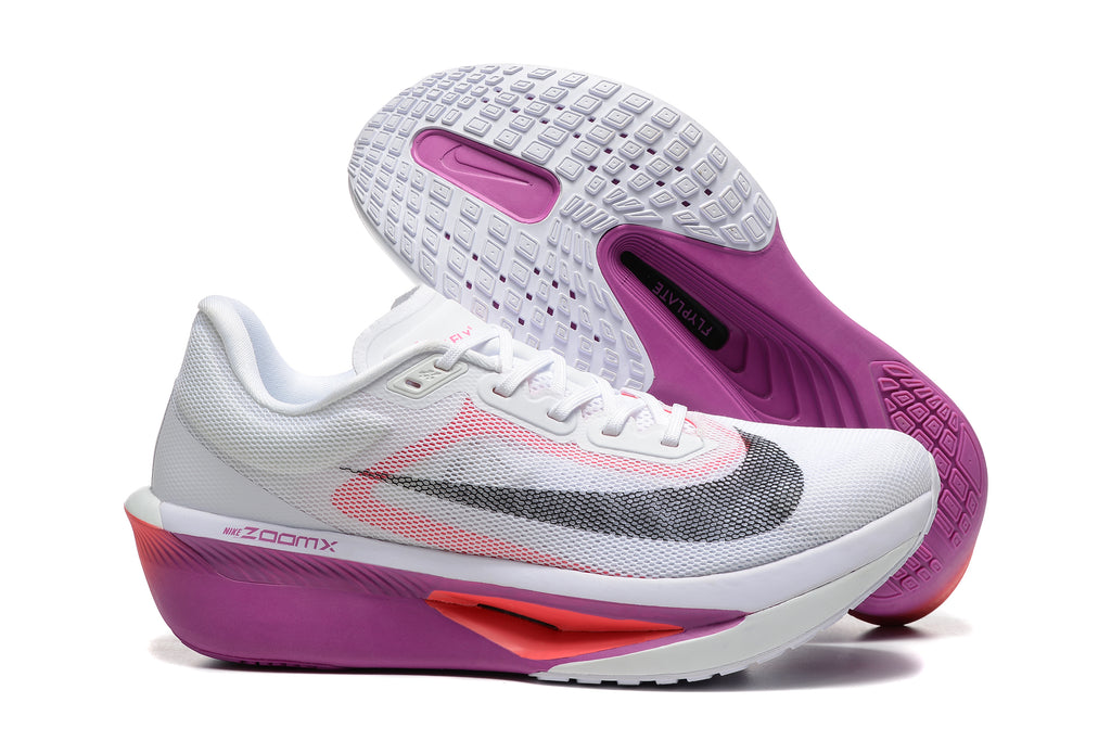 White Nike Zoom Fly 6 side profile with pink-purple accents and patterned outsole