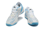 Pair of white Adidas Adizero shoes with blue accents, shown from the front