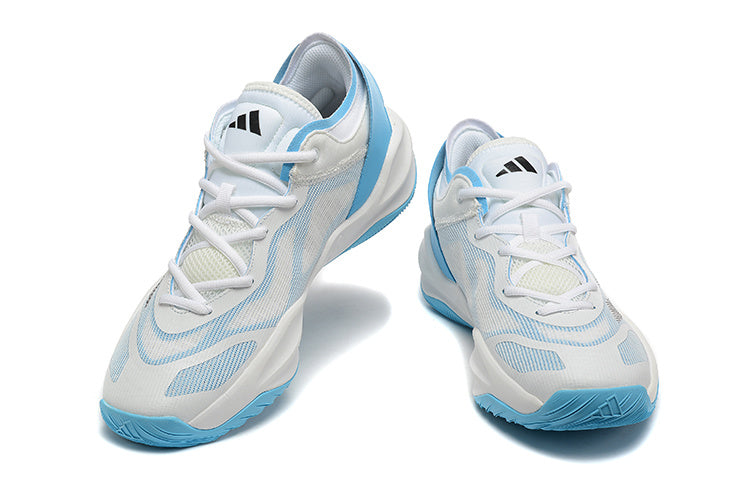 Pair of white Adidas Adizero shoes with blue accents, shown from the front