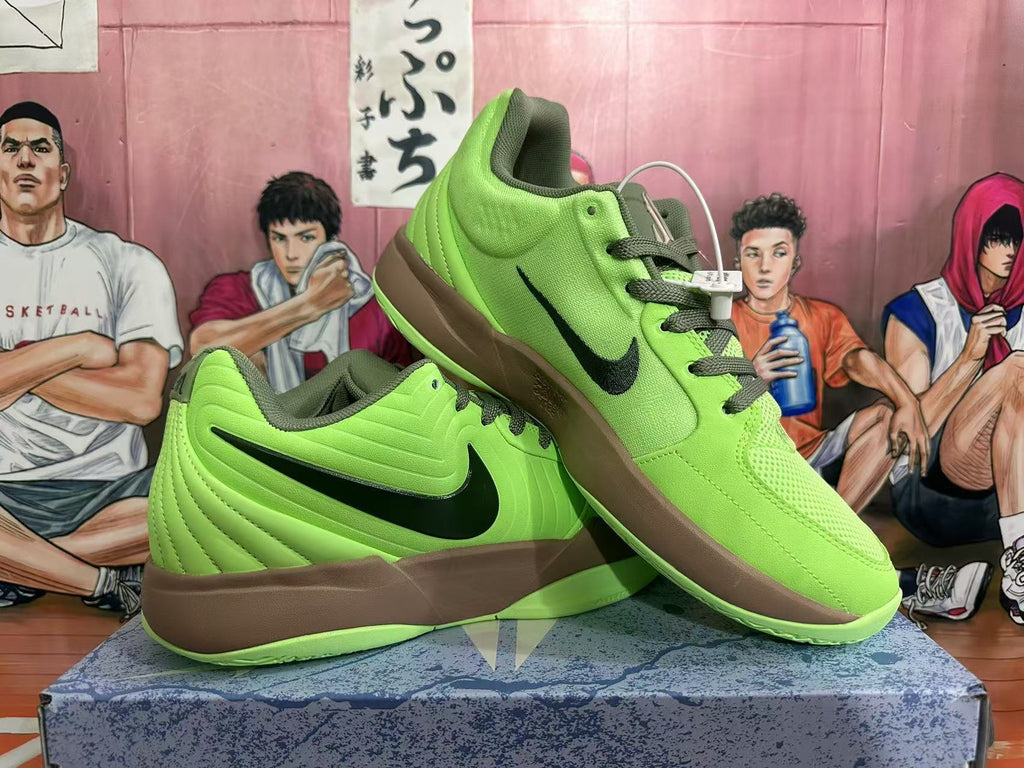 Pair of green Nike basketball shoes shown from multiple angles