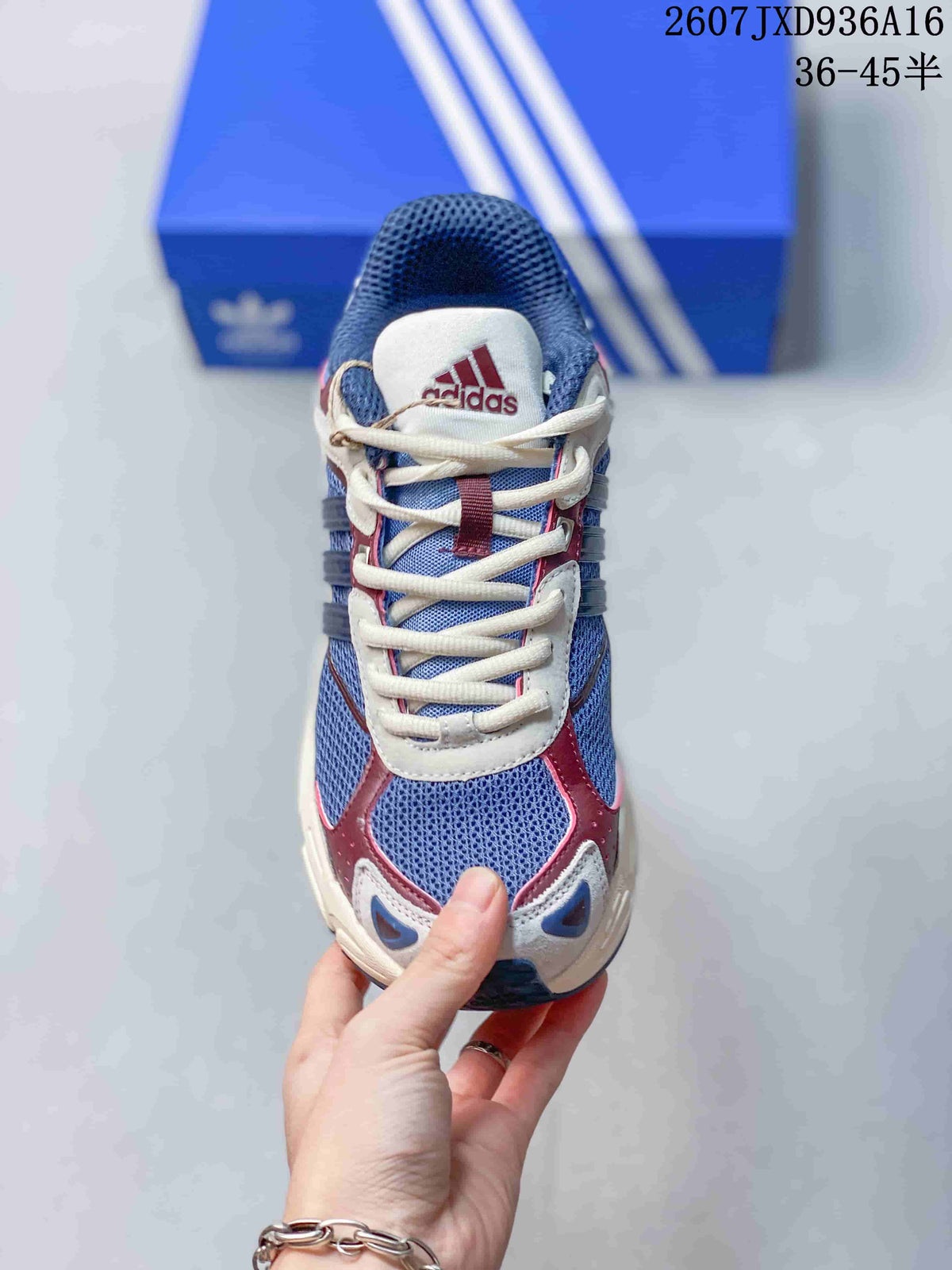 Top view showing the blue mesh toe box, cream laces, burgundy overlays and adidas tongue branding.