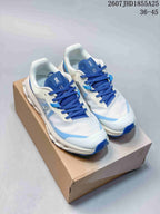 Pair of white and blue On Cloudvista 2 sneakers displayed on a shoebox; image text shows style code 2607JHD1855A25 and size range 36–45.