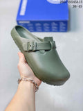 Olive green closed-toe buckle sandal shown from above with a blue box in the background.