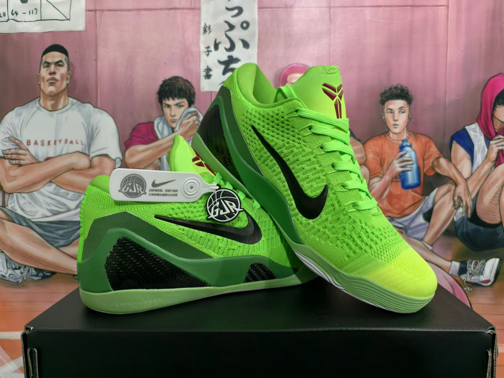 Pair of green basketball shoes shown from the side and front