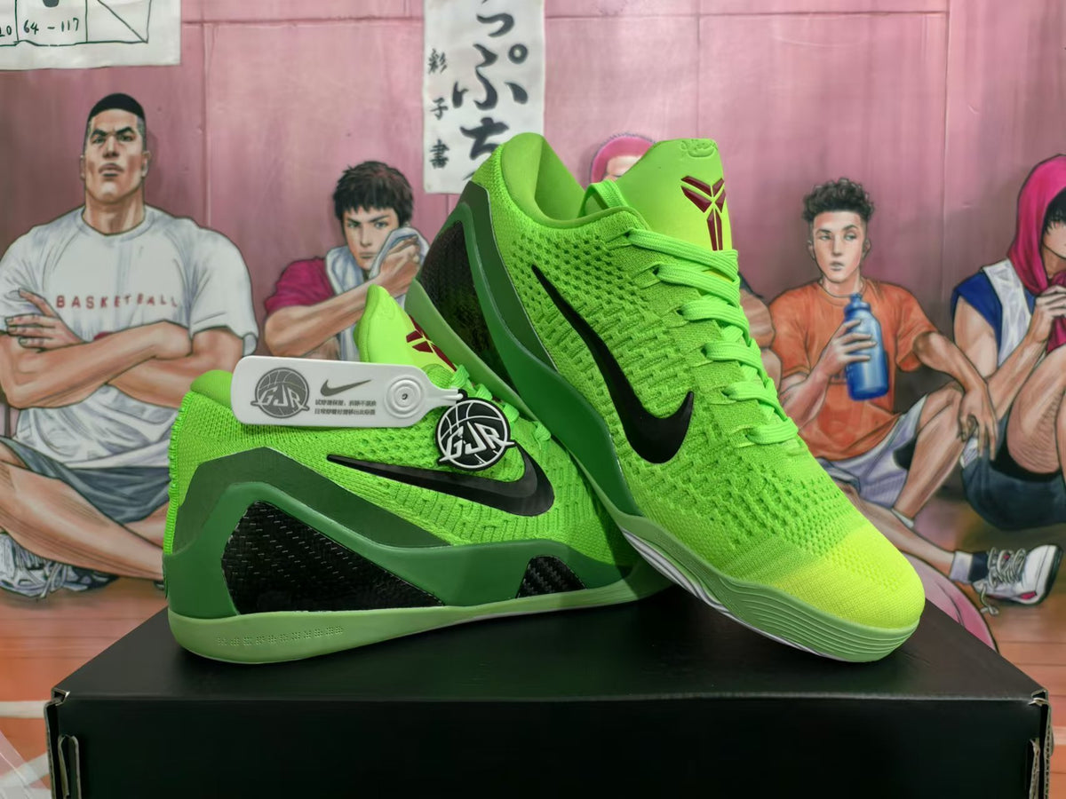 Pair of green basketball shoes shown from the side and front