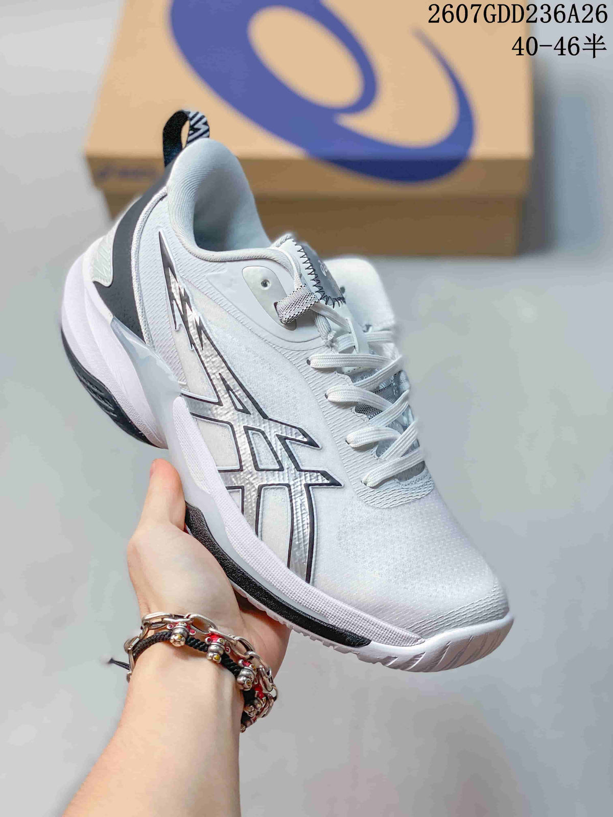 Close side view of a white ASICS Swiftace basketball shoe showing the lace-up upper, padded collar, side branding, and layered outsole.