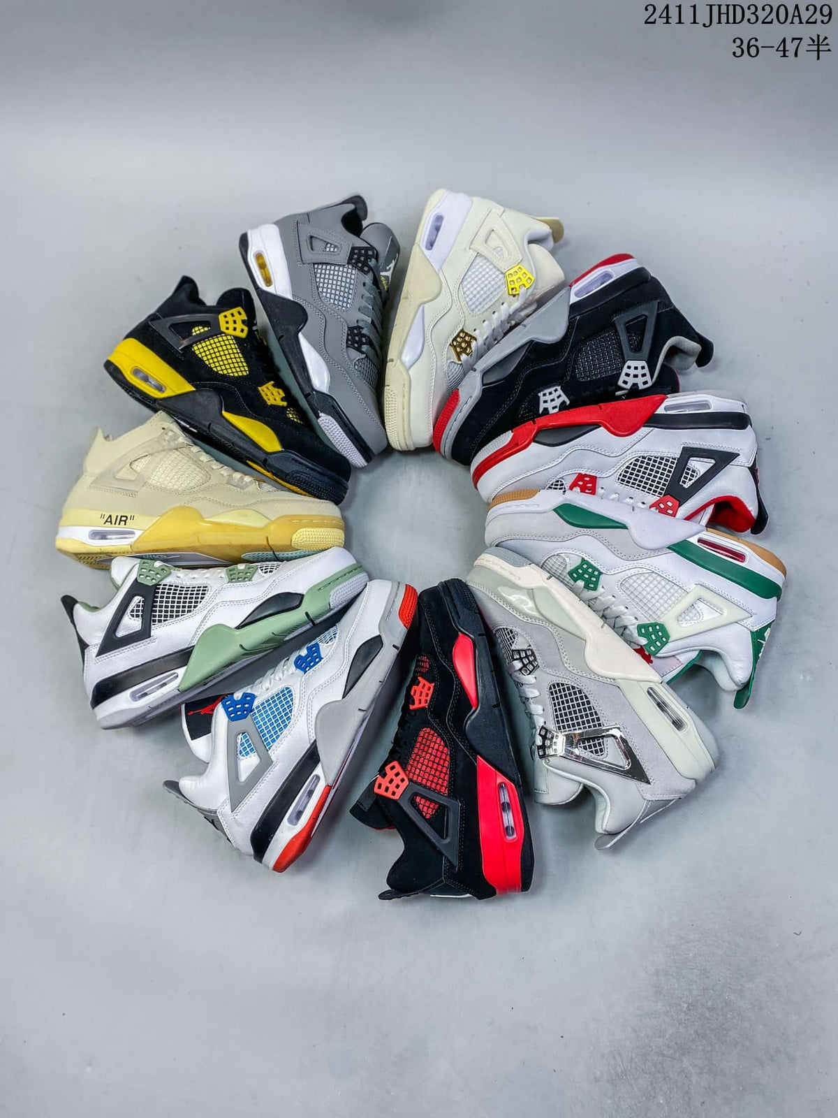 Several Air Jordan 4-style sneakers arranged in multiple colorways; image text shows style reference 2411JHD320A29 and size range 36-47.5.